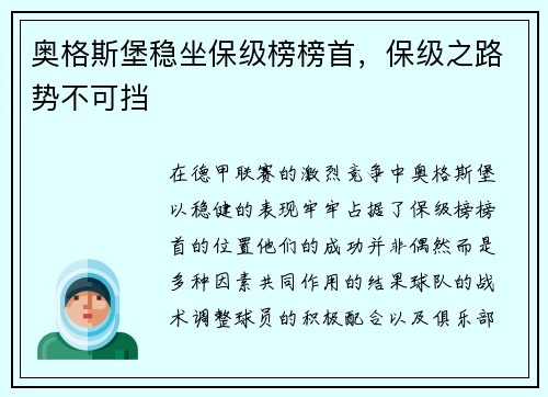 奥格斯堡稳坐保级榜榜首，保级之路势不可挡