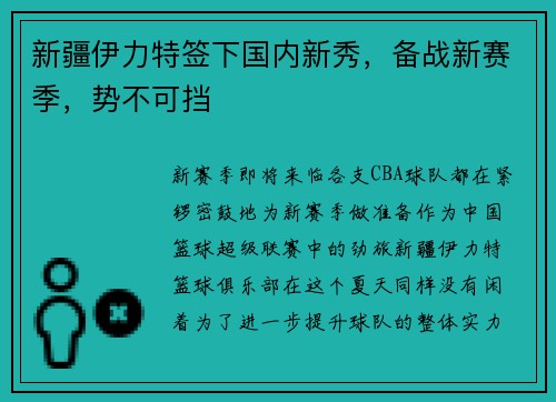 新疆伊力特签下国内新秀，备战新赛季，势不可挡