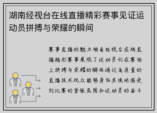 湖南经视台在线直播精彩赛事见证运动员拼搏与荣耀的瞬间
