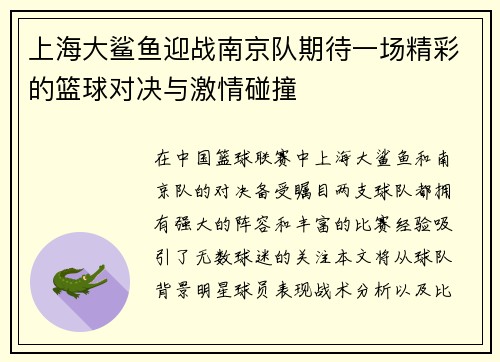 上海大鲨鱼迎战南京队期待一场精彩的篮球对决与激情碰撞